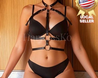 Lingerie Harness Multi Strap O-Ring Body Straps Black Vegan Leather Silver Hardware Adjustable Buckles High Waist Caged Design Festival Wear