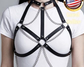 Body Harness Faux Leather Chest Straps With Silver Chain Detail Gothic Style Festival Wear Cage Lingerie Accessory For Women Rave Outfit