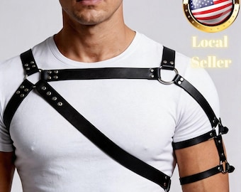 Leather Harness Mens Chest Straps with Arm Band Shoulder Guard Vegan Leather Festival Wear Rave Outfit Gothic Style Adjustable Metal Buckles