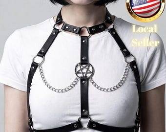 Body Harness Black Faux Leather Chest Straps With Pentagram Silver Chain Gothic Festival Rave Outfit Adjustable Accessory For Women