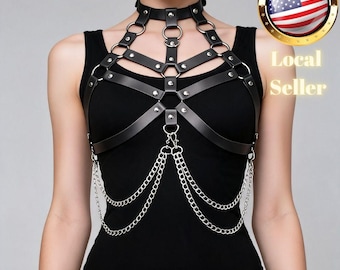 Body Harness Faux Leather Caged Chest Straps With Silver Chain Detail Adjustable Gothic Festival Wear Minimal Coverage Accessory For Women