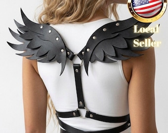 Leather Harness With Black Angel Wings Gothic Festival Wear Adjustable Back Straps Dark Aesthetic Body Accessory For Women Rave Outfit