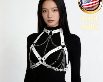 Body Harness Faux Leather Chest Straps With Silver Chain Detailing Gothic Style Festival Outfit And Rave Wear Accessory Gift For Women