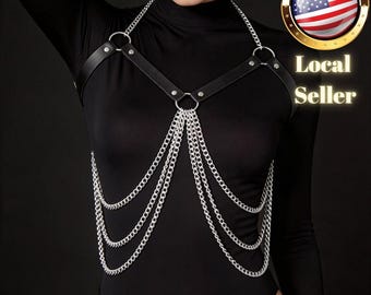 Body Harness with Silver Chain Detail, Faux Leather Straps, Festival Rave Outfit, Gothic Aesthetic, Adjustable Underbust Design for Women