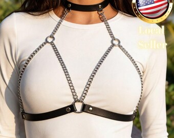 Body Harness Silver Chain Accessory with Vegan Choker and Underbust Straps for Festival Rave Outfit Gothic Aesthetic Minimal Design