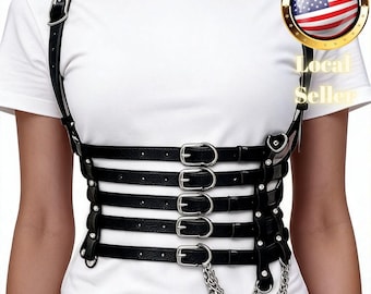 Leather Harness Multi Strap Waist Corset with Silver Chain Metal Hardware Adjustable Buckle Caged Chest Accessory for Gothic Festival Wear