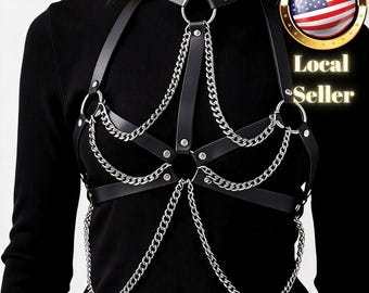 Body Harness With Silver Chain Links For Festival Wear And Dark Aesthetic Gothic Style Outfits Adjustable Faux Leather Chest Straps