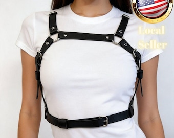 Body Harness Black Faux Leather Chest Straps with Silver Metal Hardware Adjustable Buckles for Festival Wear and Rave Outfits for Women