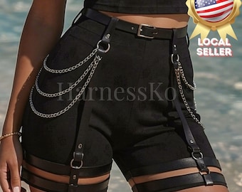 Thigh Harness Black High Waisted Shorts With Silver Chain Detail And Faux Leather Leg Straps Gothic Festival Wear Rave Outfit For Women