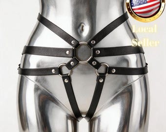Bondage Harness Black Faux Leather Adjustable Strappy Waist Belt O-Ring Caged Body Straps Gothic Festival Rave Outfit Accessory Gift for Her