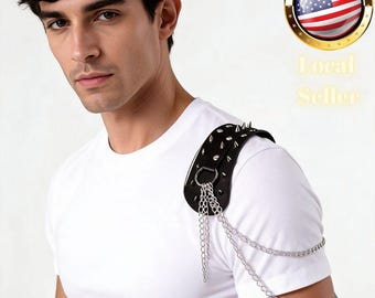 Leather Harness Spiked Shoulder Epaulet Accessory With Silver Chains Metal Hardware And Fully Adjustable Fit For Dark Gothic Festival Wear