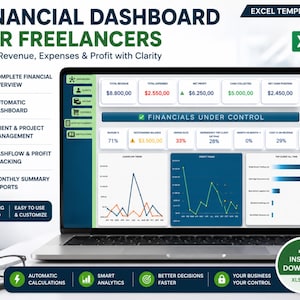 Può includere: Un laptop che mostra un modello Excel di dashboard finanziario per freelance. Il dashboard tiene traccia di entrate, spese e profitti. Lo schermo mostra dati finanziari, grafici e il testo "FINANCIALS UNDER CONTROL". L'immagine include anche il testo "INSTANT DOWNLOAD XLSX FILE".