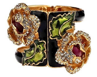 Vintage VALENTINO Intricate Flower Rhinestone Enamel Rigid Cuff Bracelet