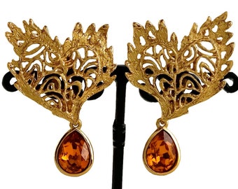 Vintage YVES SAINT LAURENT Ysl Heart Lace Amber Dangling Earrings