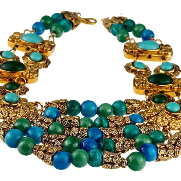 Vintage French Mogul SATELLITE Glass Beads Cabochon Filigree Multi Layer Necklace