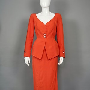 Vintage THIERRY MUGLER Silk Jeweled Coral Button Orange Jacket Skirt Suit