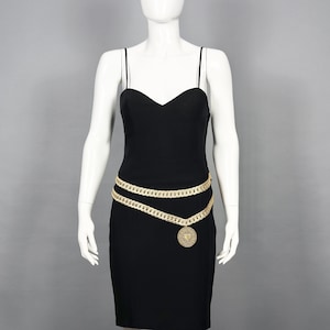 Vintage MOSCHINO &quot;CARTOON COUTURE&quot; Medallion Trompe L&#39;oeil Belted Black Dress