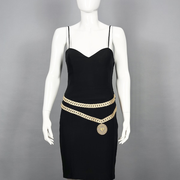 Vintage MOSCHINO "CARTOON COUTURE" Medallion Trompe L'oeil Belted vestido negro