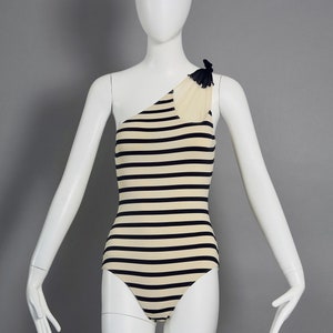 Maiô vintage Jean Paul Gaultier com listras e decote em V, novidade, um ombro só
