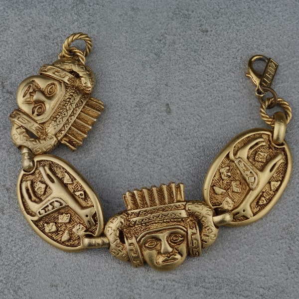 Vintage LERITZ Aztec Faces Symbol Charm Bracelet