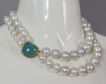Vintage NICHOLAS VARNEY Green Beryl Gemstone Two Strand Baroque Pearl Necklace