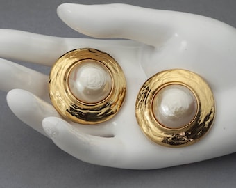 Vintage YVES SAINT LAURENT Ysl Pearl Textured Disc Earrings