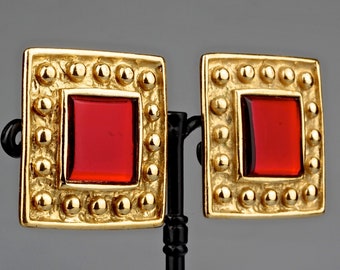 Vintage YVES SAINT LAURENT Ysl Red Square Studded Earrings