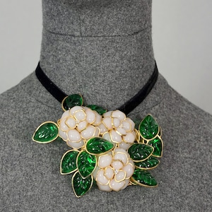 Vintage Massive GRIPOIX Camellia Flower Bouquet Glass Pendant Brooch