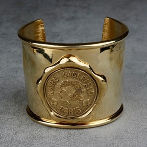 Vintage KARL LAGERFELD Logo Wax Seal Coin Medallion Cuff Bracelet