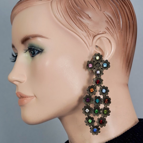 Vintage Massive SCOOTER PARIS Jewelled Flower Dangling Earrings