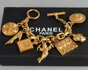 Auth Vintage CHANEL Rhinestone CC Logo Heart Charm Bracelet Gold Used fm  Japan