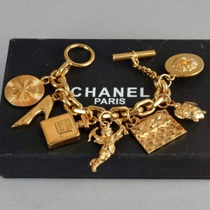 Chanel Gold Tone CC Logo Crystal Charms No 5 Clover Stone