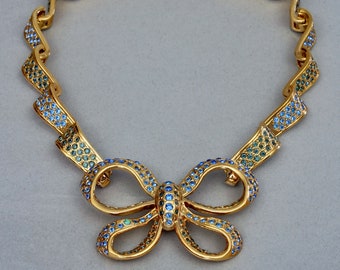 Vintage YVES SAINT LAURENT Ysl Blue Rhinestone Bow Ribbon Necklace