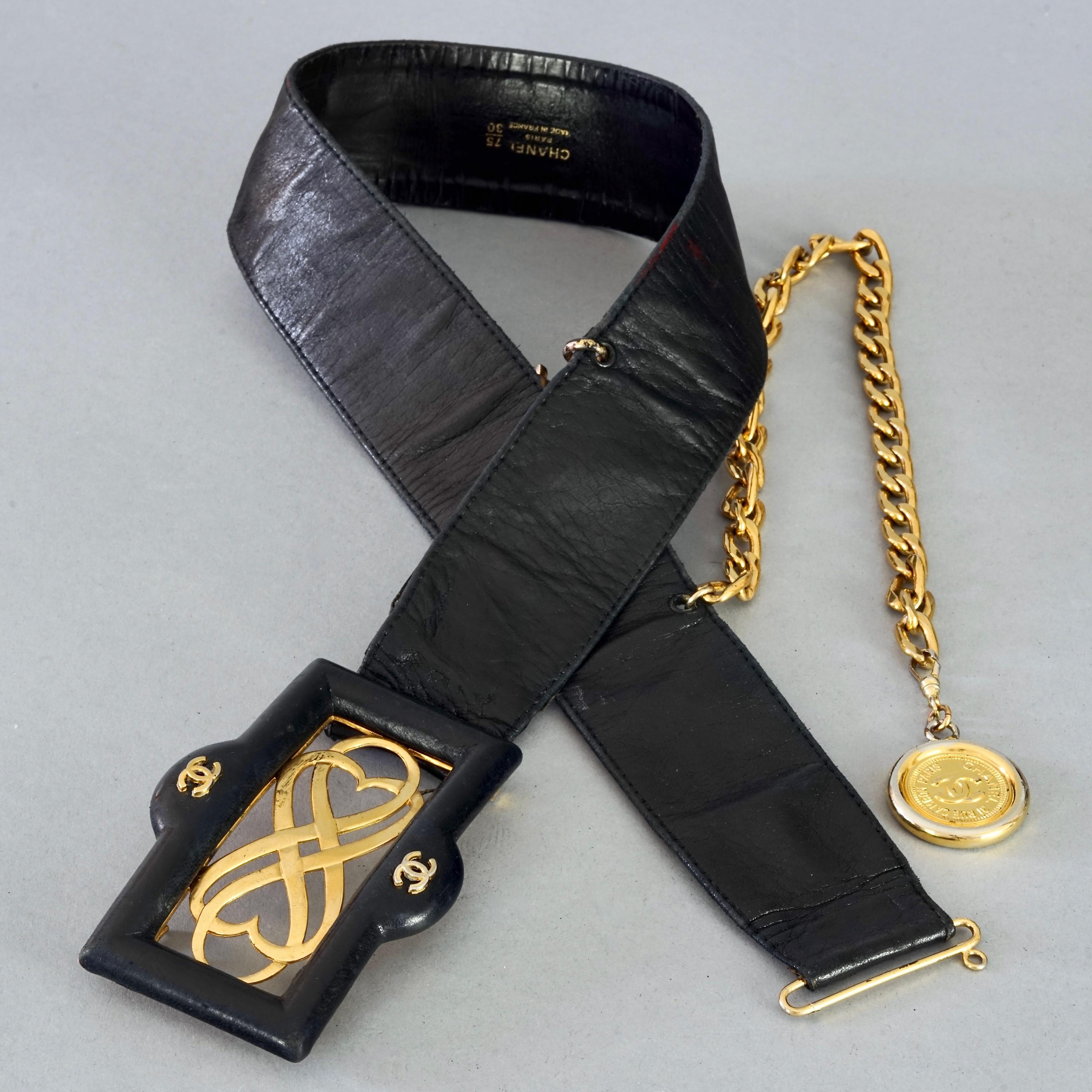 Vintage CHANEL Medallion Logo Chain and Black Leather Belt - Etsy