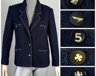 Vintage 1995 CHANEL Navy Blue Tweed Lucky Charm Button Jacket