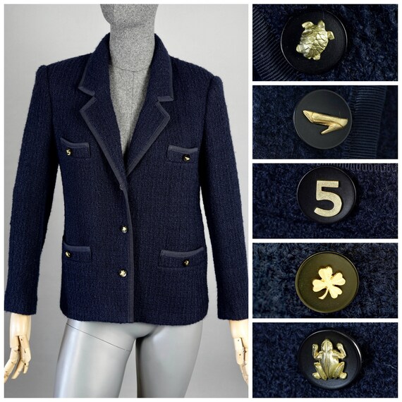 3K Chanel Vintage 1992 Blue Jacket Dress 34 36 38 2 4 6 Coat Gold CC Logo S  M