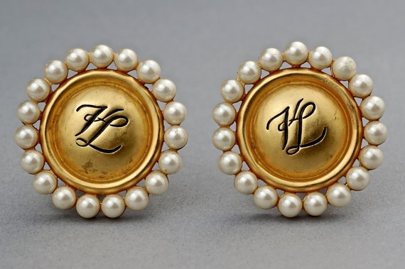 Vintage KARL LAGERFELD KL Logo Pearl Earrings 