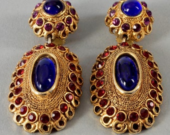 Vintage CLAIRE DEVE Byzantine Glass Cabochon Dangling Earrings