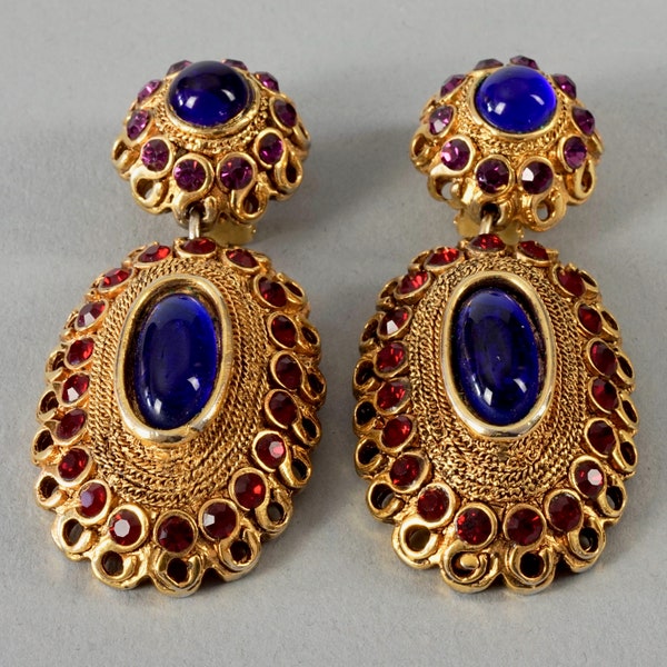 Vintage CLAIRE DEVE Byzantine Glass Cabochon Dangling Earrings
