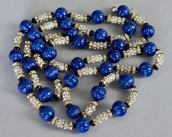Vintage CHANEL GRIPOIX Blue Ball Rhinestones Studded Long Necklace