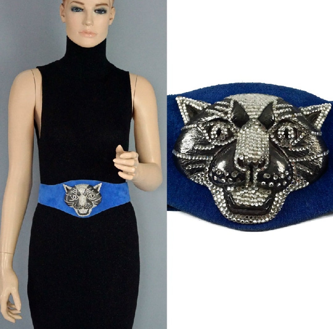 Massive Panther head 1970s Henryks Bijoux suede belt Vintage HENRYKS BIJOUX VIENNE Jewelled Leopard Head Red  main image 4