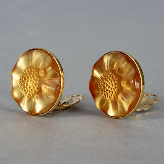 Vintage LALIQUE "MUGUET" Flower Amber Glass Clip On Earrings View 3
