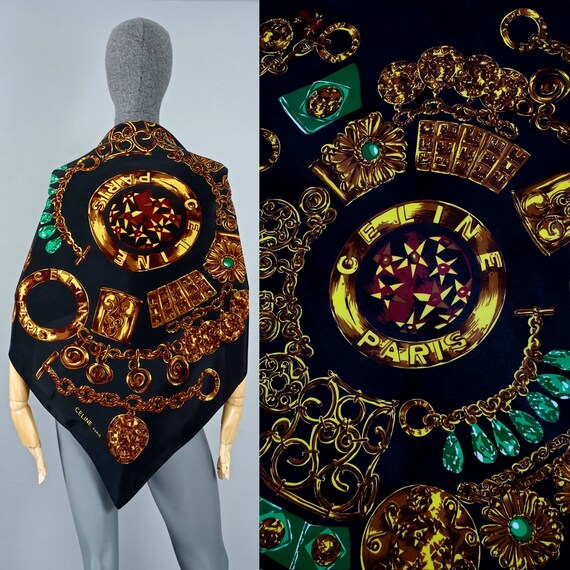 Vintage Iconic CELINE Jewellery Print Silk Scarf