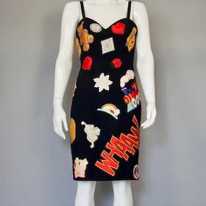 Vintage 1994 MOSCHINO COUTURE &quot;WHAM&quot; Patchwork Novelty Dress