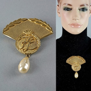 Vintage Massive KARL LAGERFELD KL Logo Iconic Fan Pearl Drop Brooch