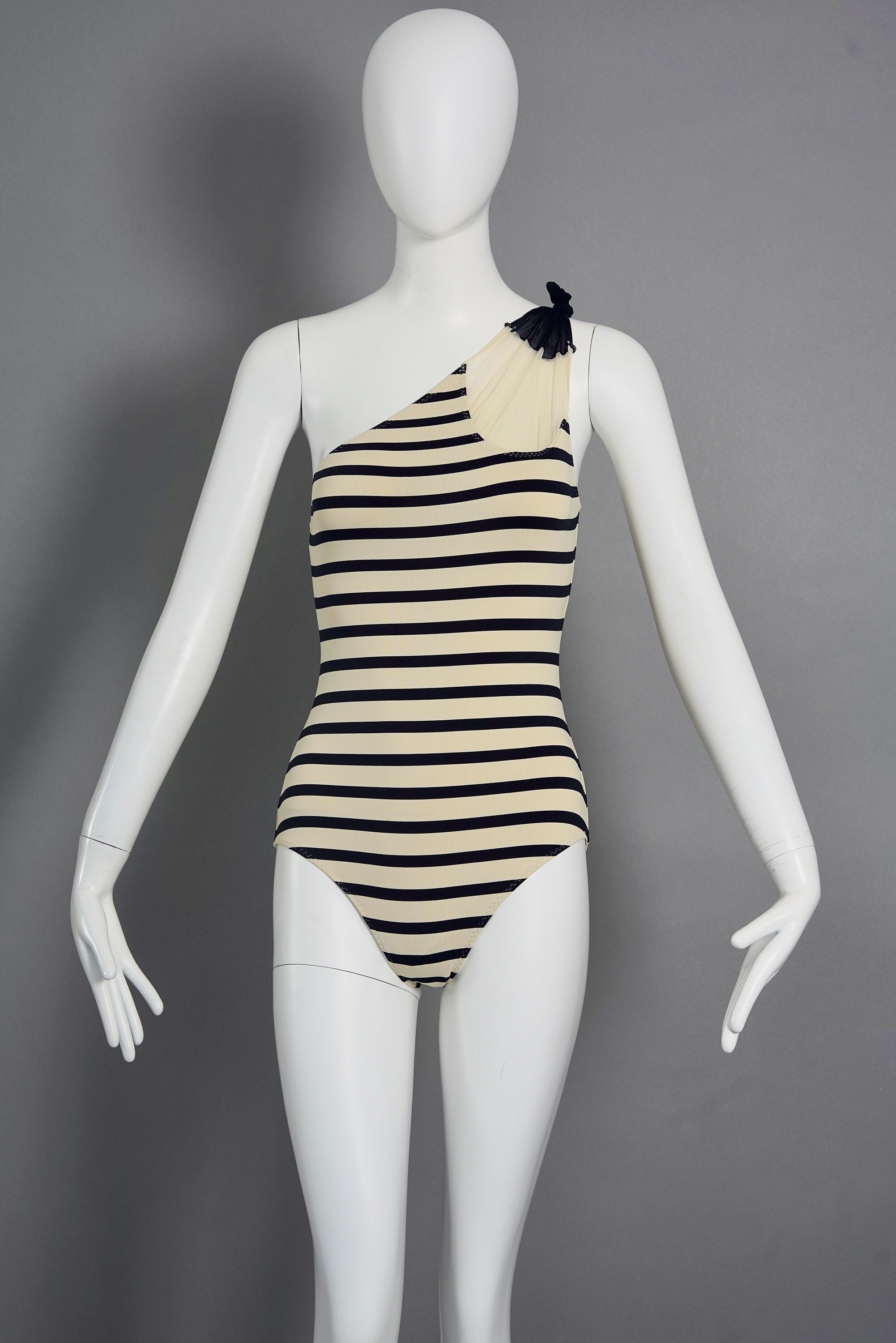 Vintage JEAN PAUL GAULTIER Stripe Boob Novelty One Shoulder Bodysuit Swimsuit