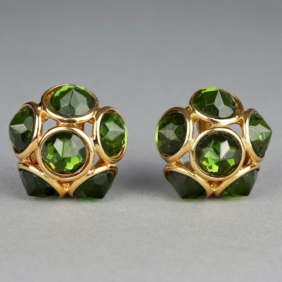 Vintage YVES SAINT LAURENT Ysl Flower Dome Green Rhinestones Earrings