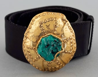 Vintage YVES SAINT LAURENT by Goossens Ethnic Disc Turquoise Buckle Silk Belt