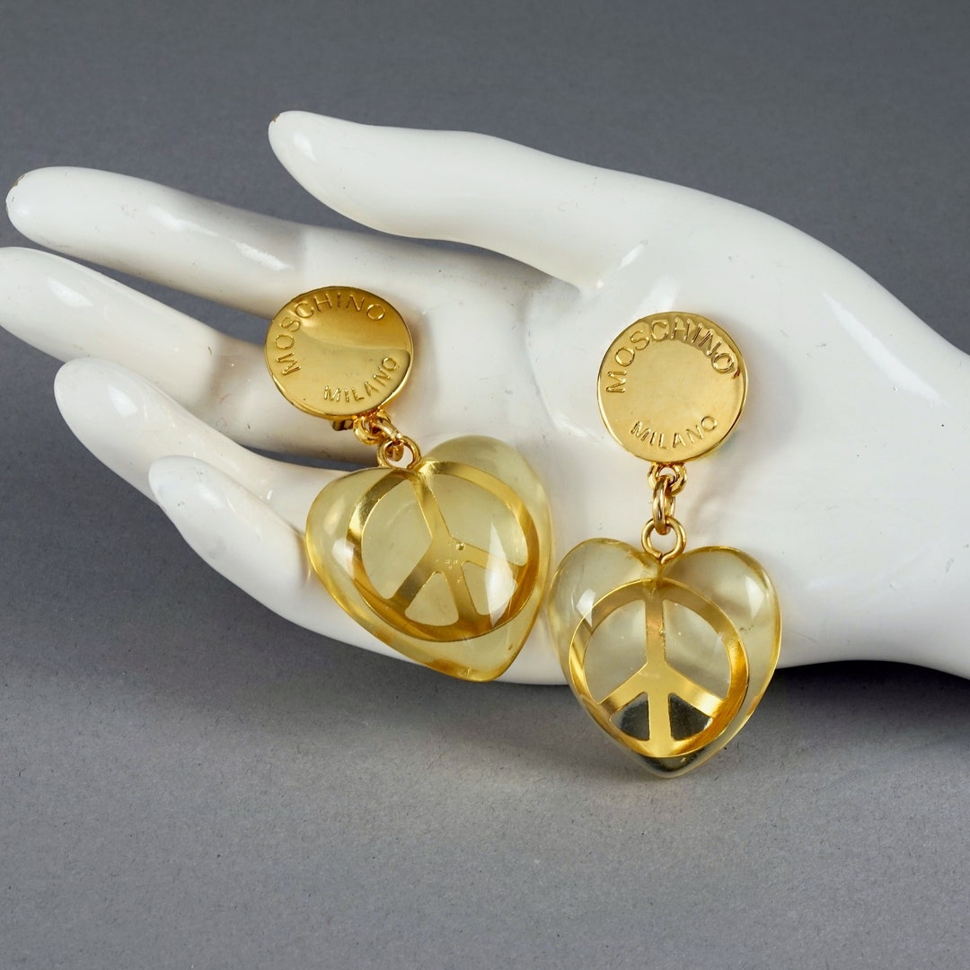 Vintage MOSCHINO Lucite Heart Peace Sign Novelty Dangling Earrings