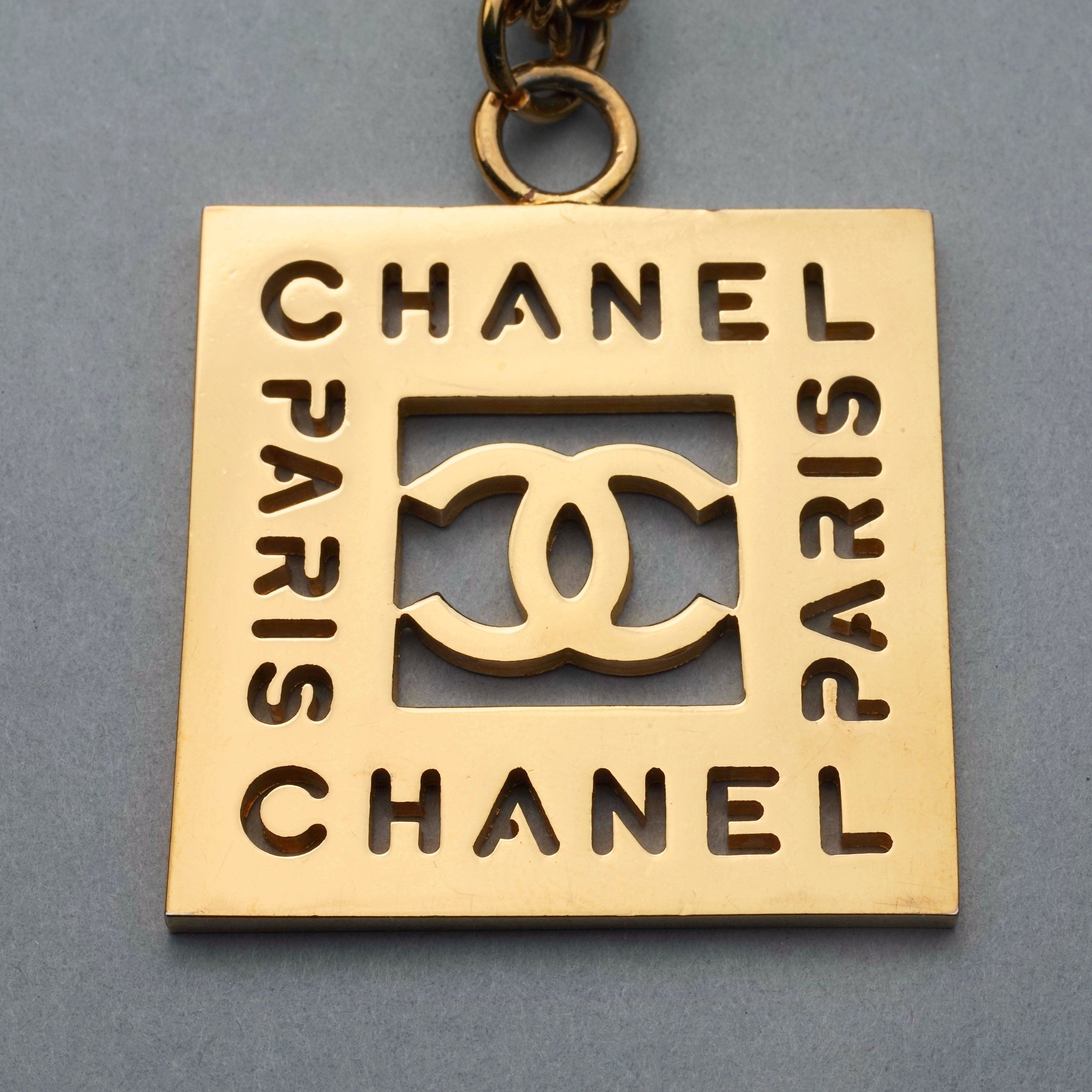 Vintage CHANEL PARIS Logo Cutout Square Pendant Necklace 